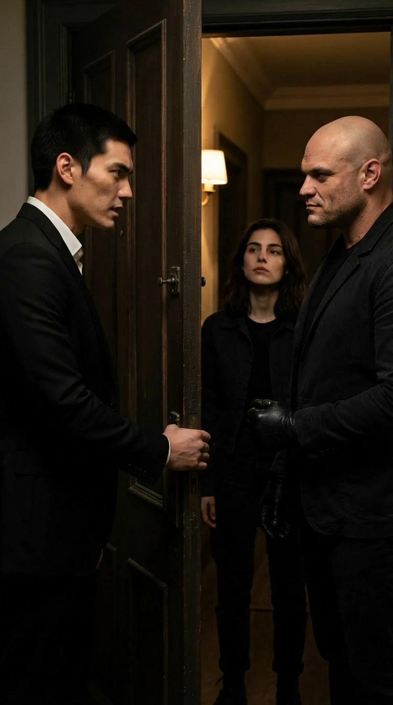 Saverin opens the door and gives an order to the men in the hall.