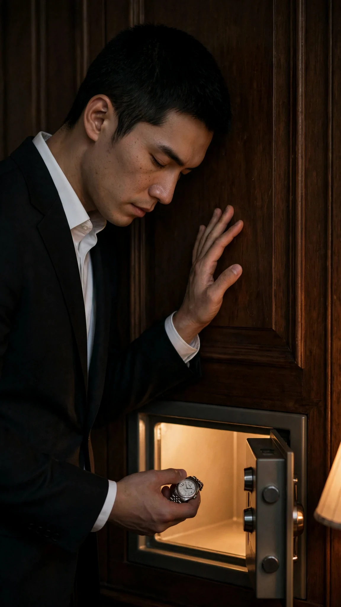 Saverin alone, palm flat on the closed door, head bowed.