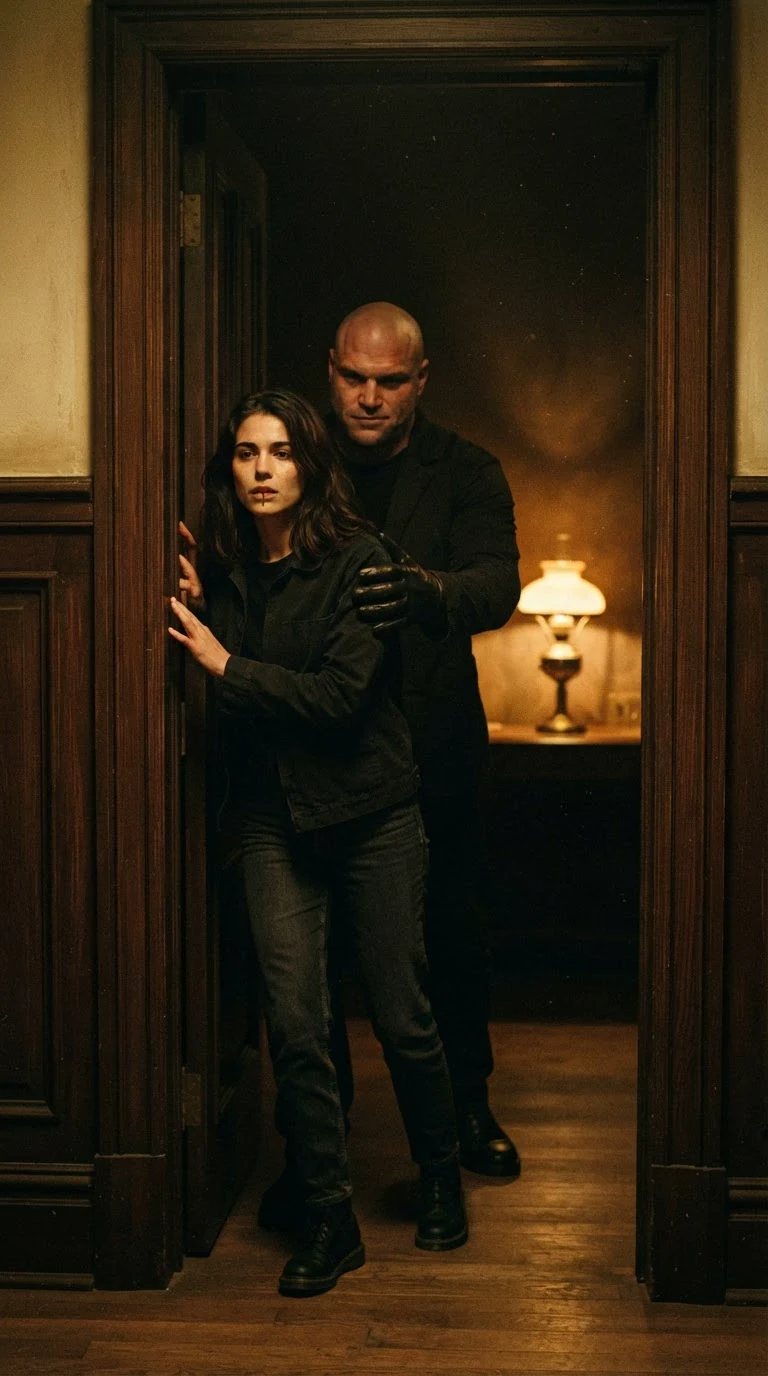 A dark-haired young woman in a locksmith jacket is pushed through a doorway by a bald enforcer.