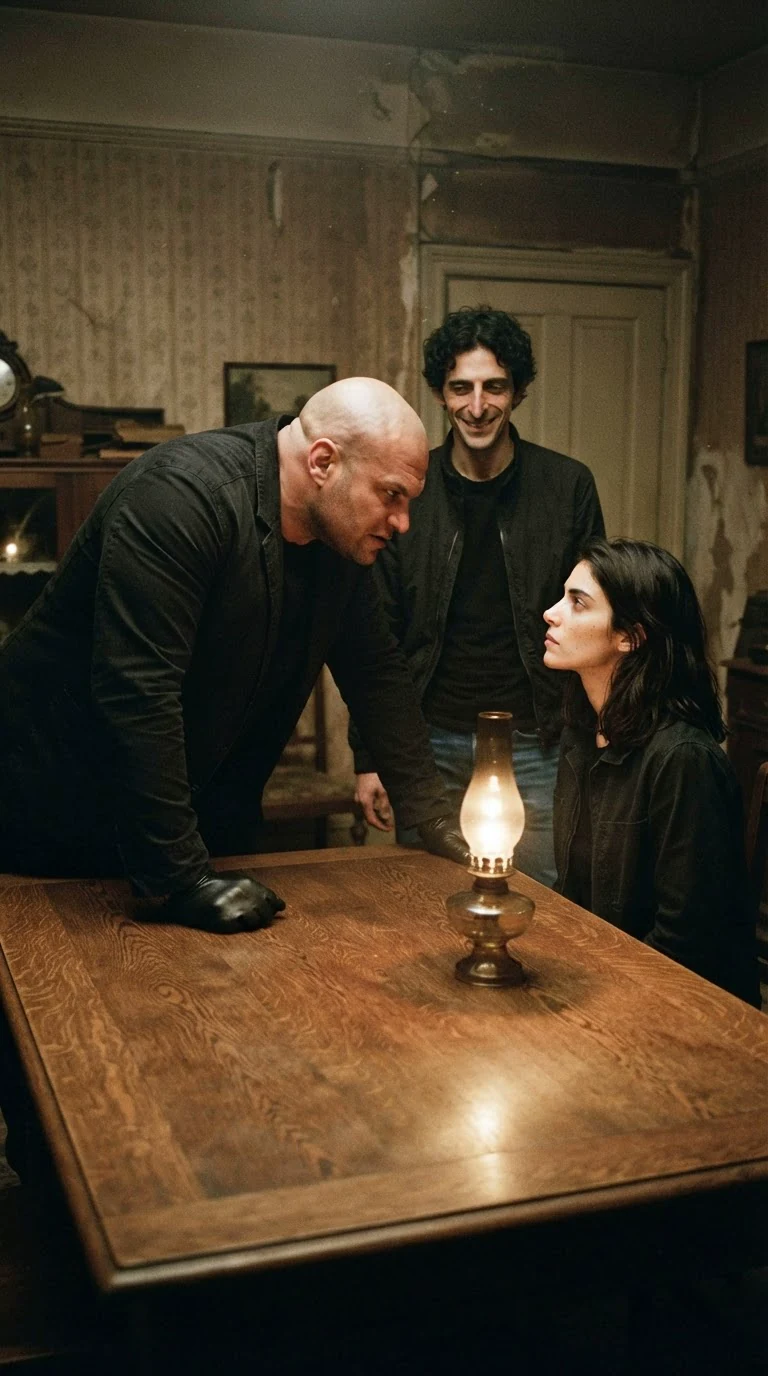 The bald enforcer leans over the table, mouth twisted, sneering down at the woman.