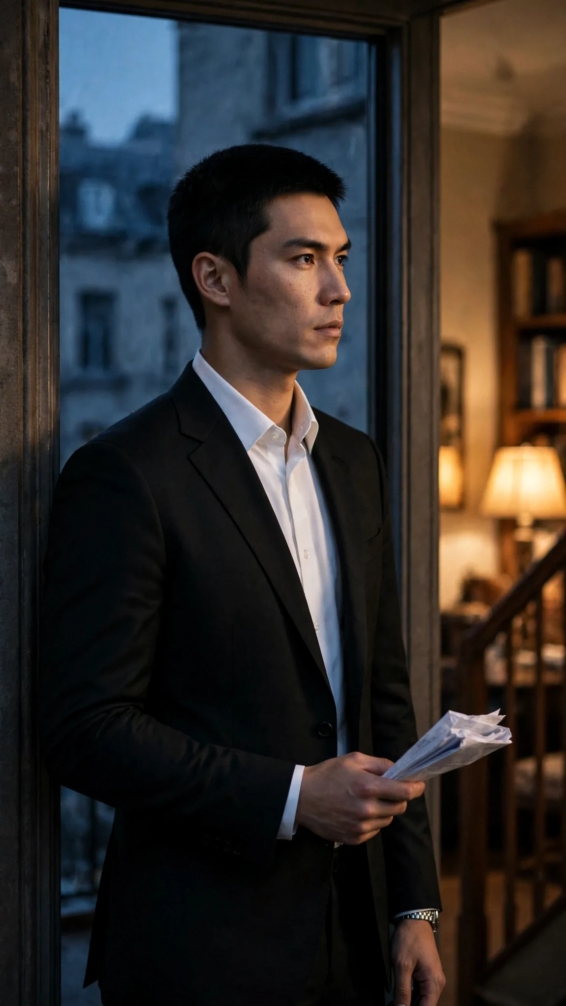 The tall man in the black suit appears in the doorway, dark eyes fixed on the room.