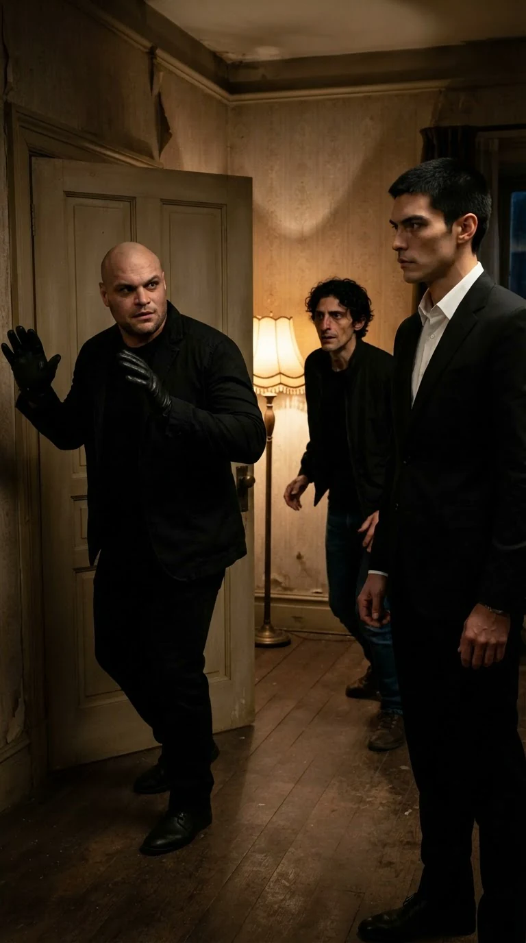 The bald enforcer steps back, hands raised, and the wiry man hurries out behind him.