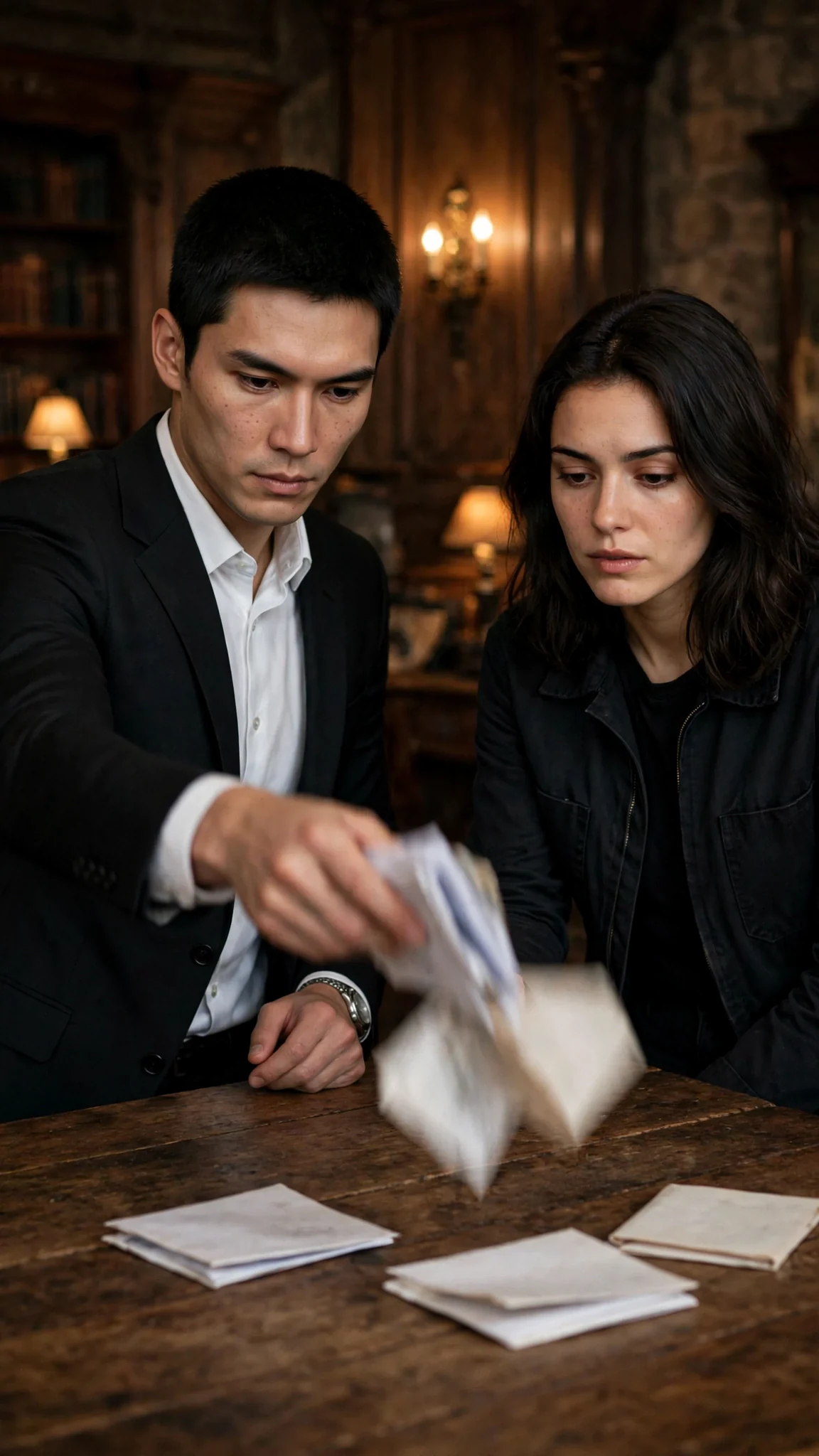 The man tosses a stack of papers onto the table between them.