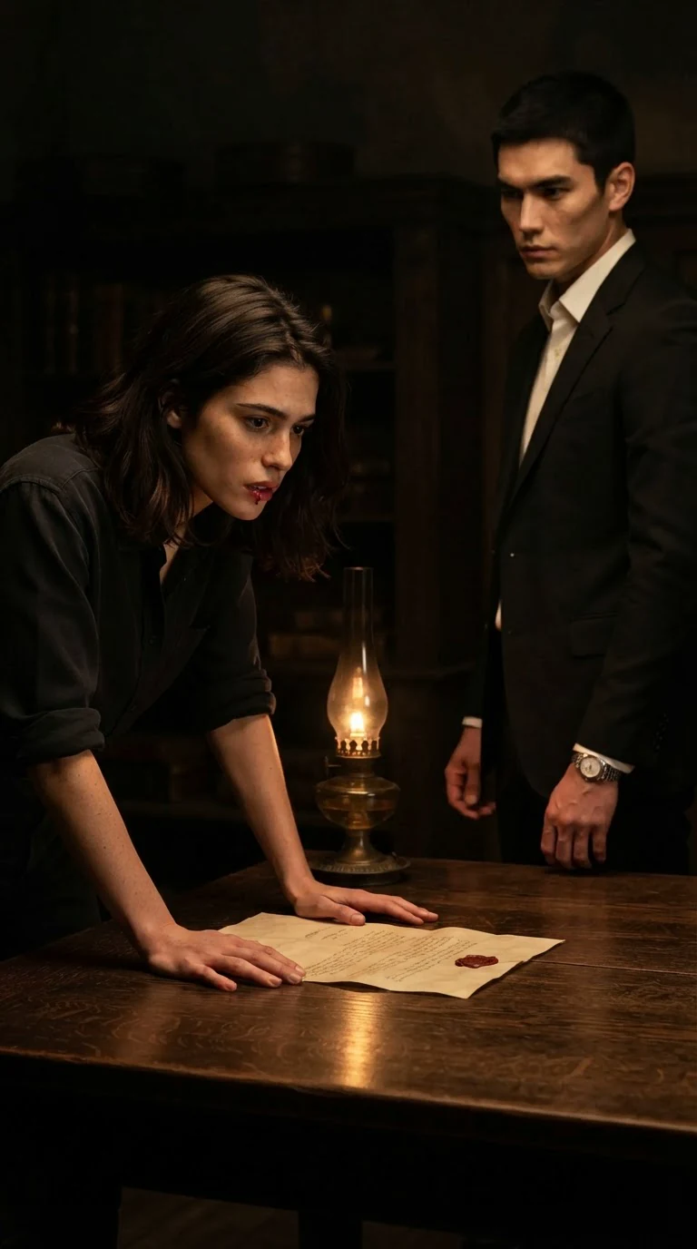 The woman looks down at the contract, her mouth slightly open, the forged signature visible.