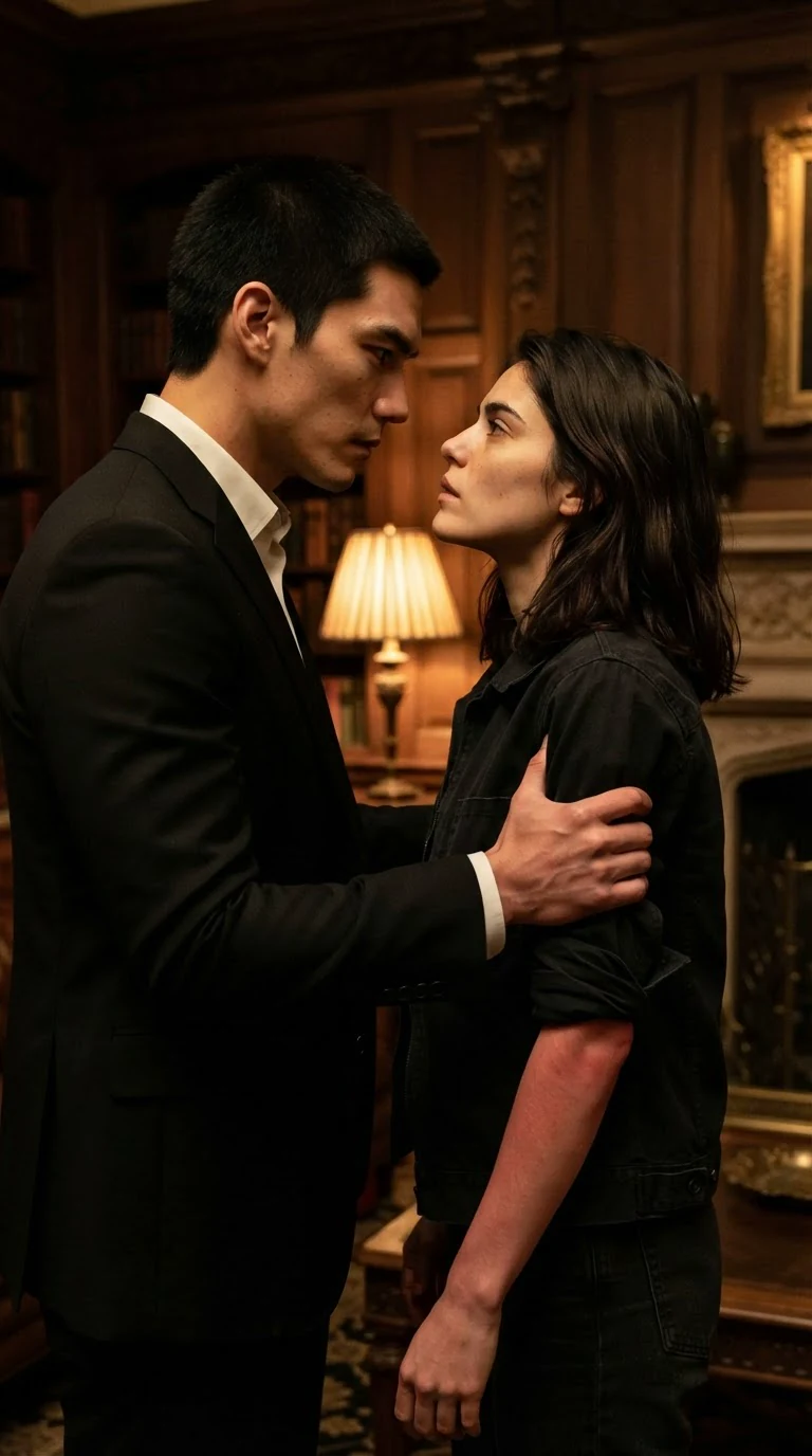 He comes around the table and grips her upper arm, fingers digging in.