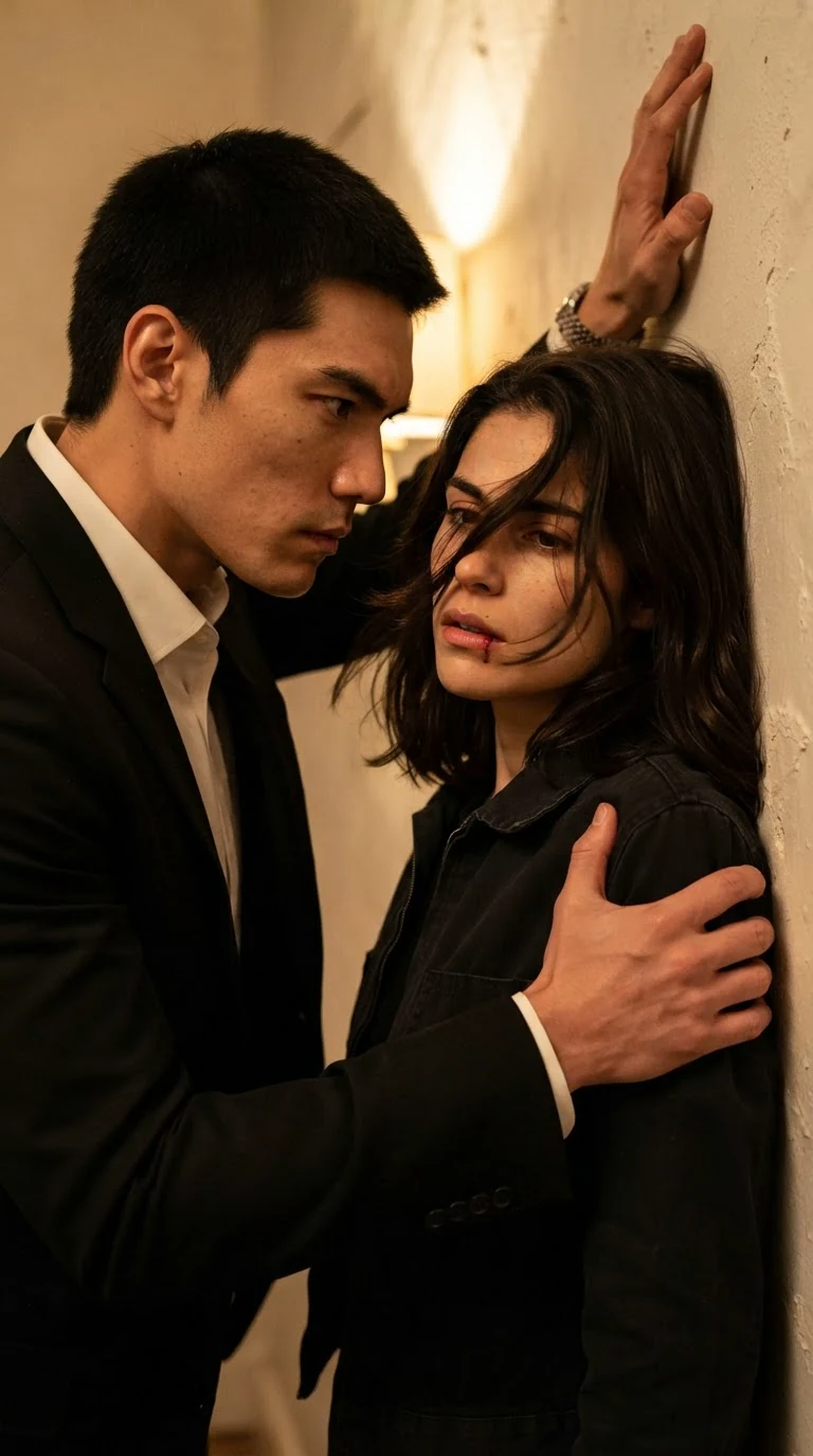 He shoves her back against the wall, her head knocking the plaster.