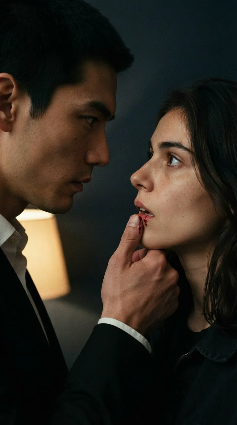 His face inches from hers, thumb at the corner of her bleeding mouth.