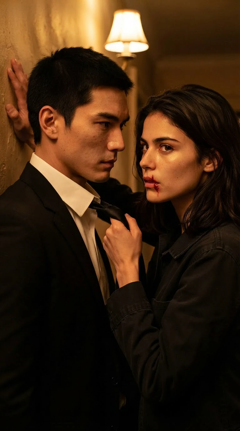 She pushes off the wall, grabs his tie, and pulls him down.