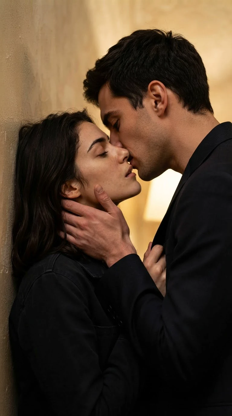 His hand closes over her breast; her head tips back against the wall.