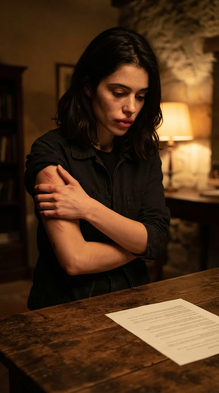 She stands alone, touching her tender arm, staring at the contract on the table.