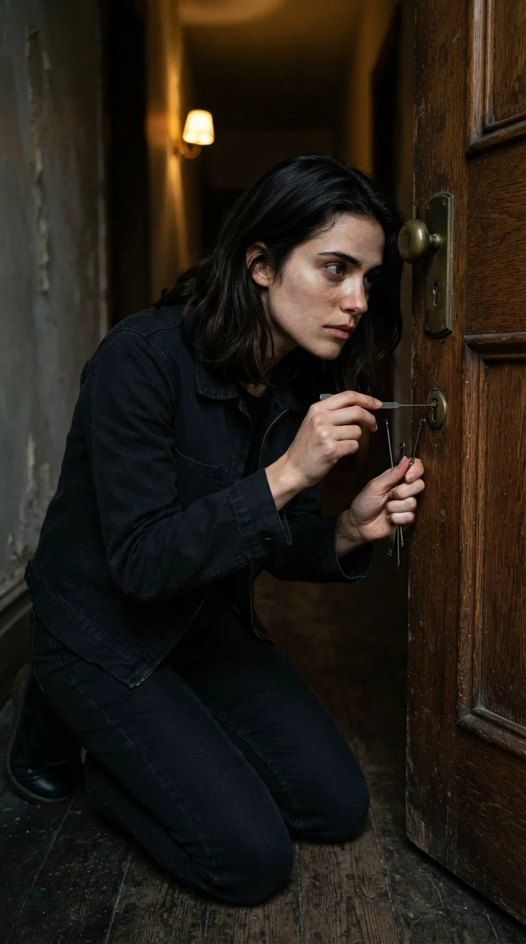 Zara kneels at the locked door with a thin metal pin in her hand.