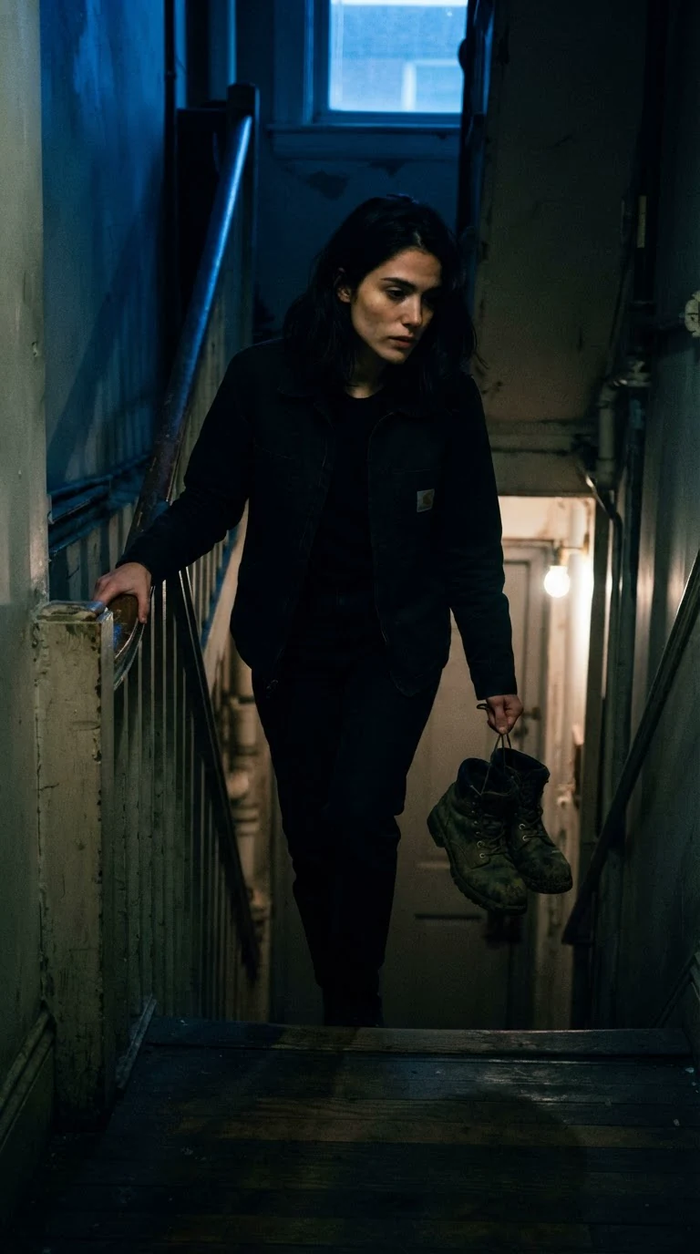 Zara slips barefoot down a dark back stairway with her boots in one hand.