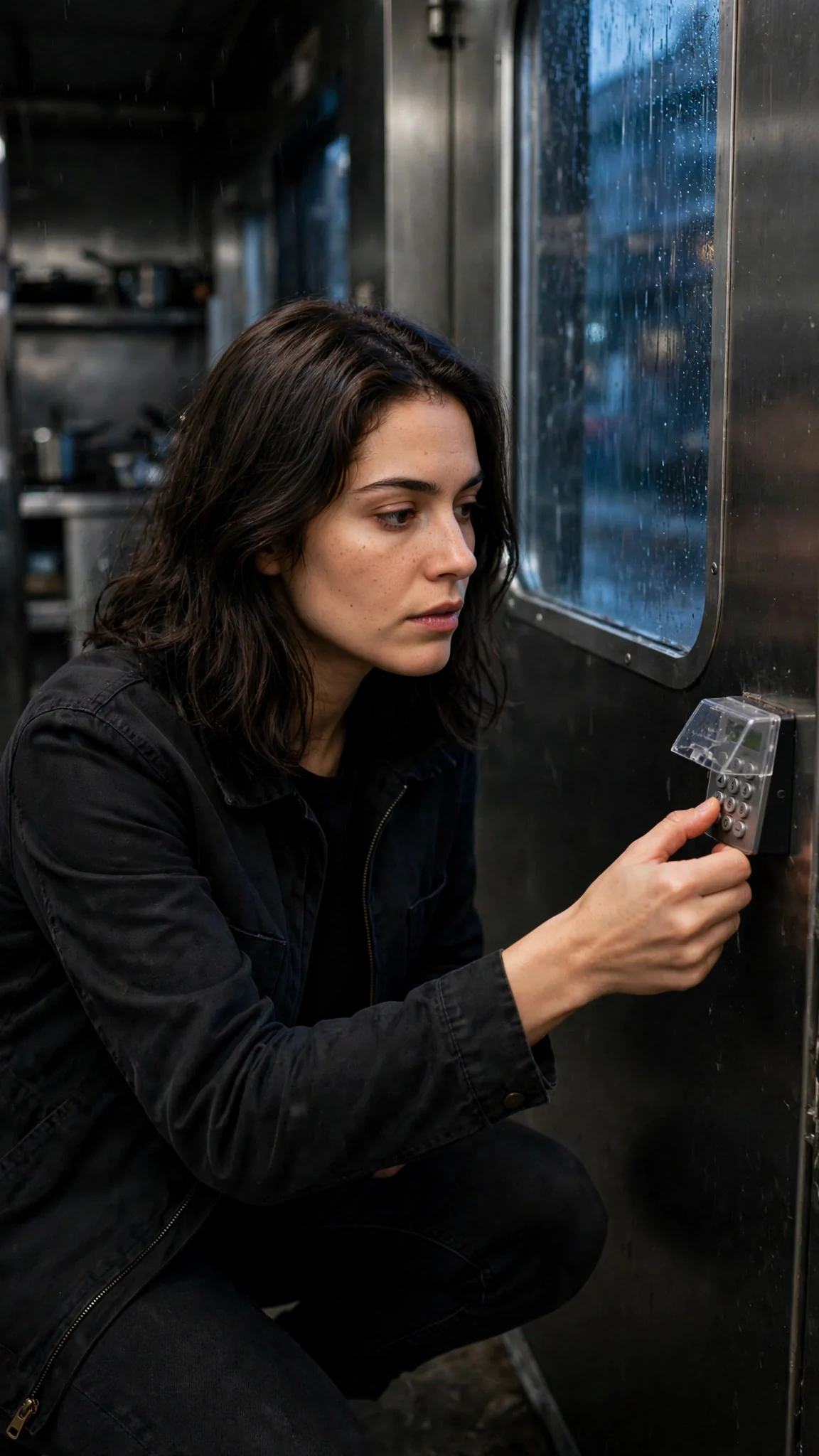 Zara crouches at a keypad beside a service door, rain beyond the glass.