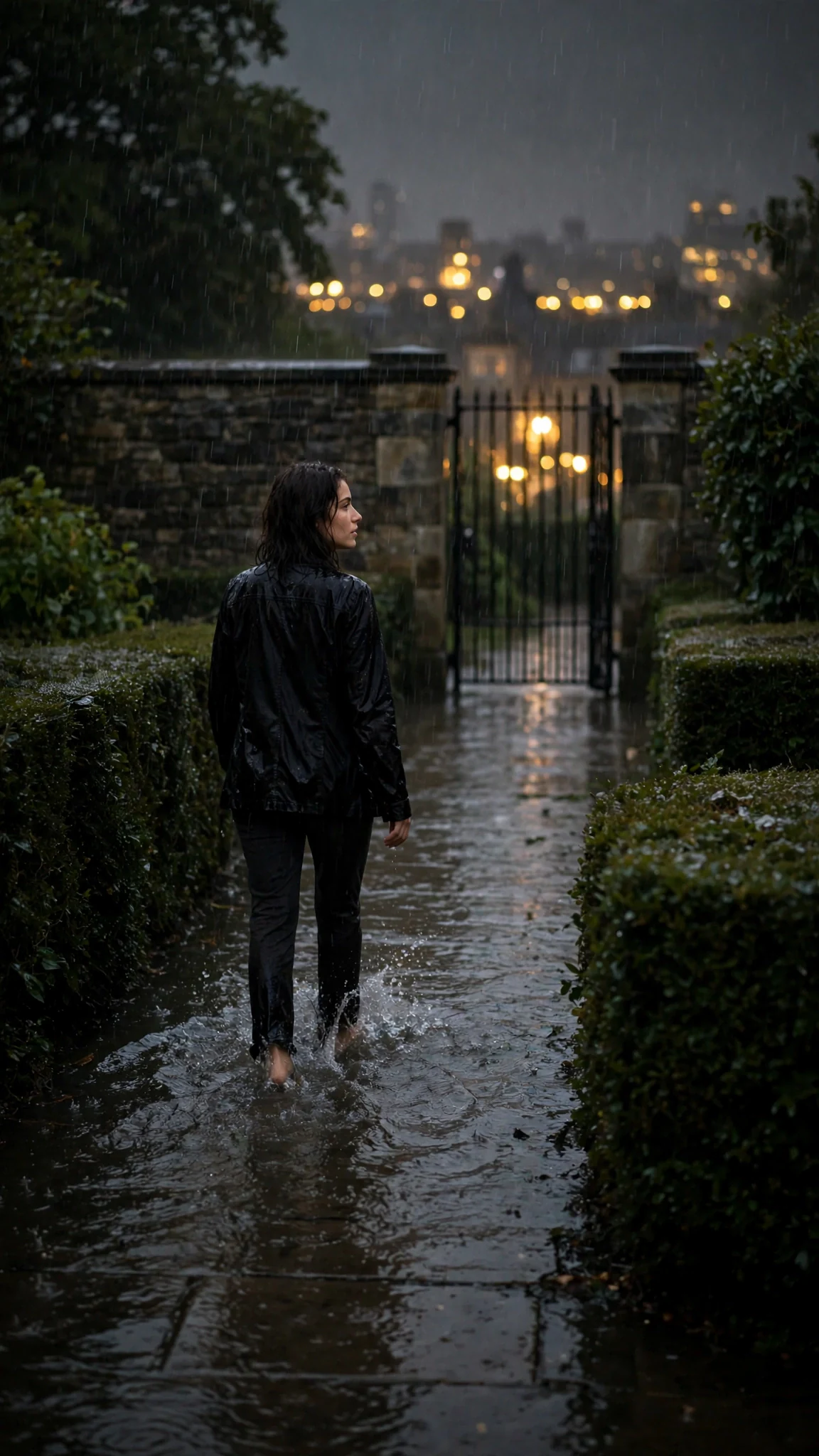 A rain-soaked garden at night with a dark iron side gate in the wall.