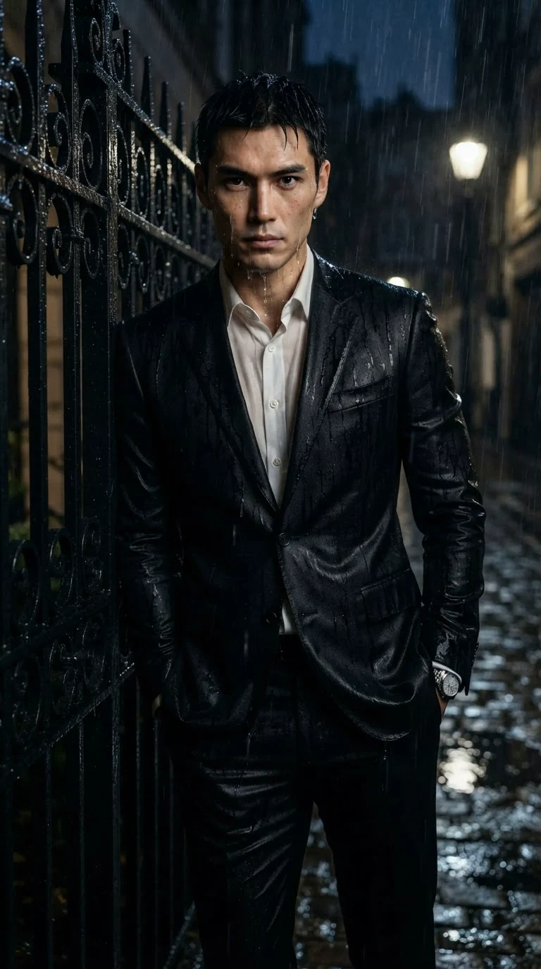 Saverin stands at the gate in the rain with his hands in his pockets.