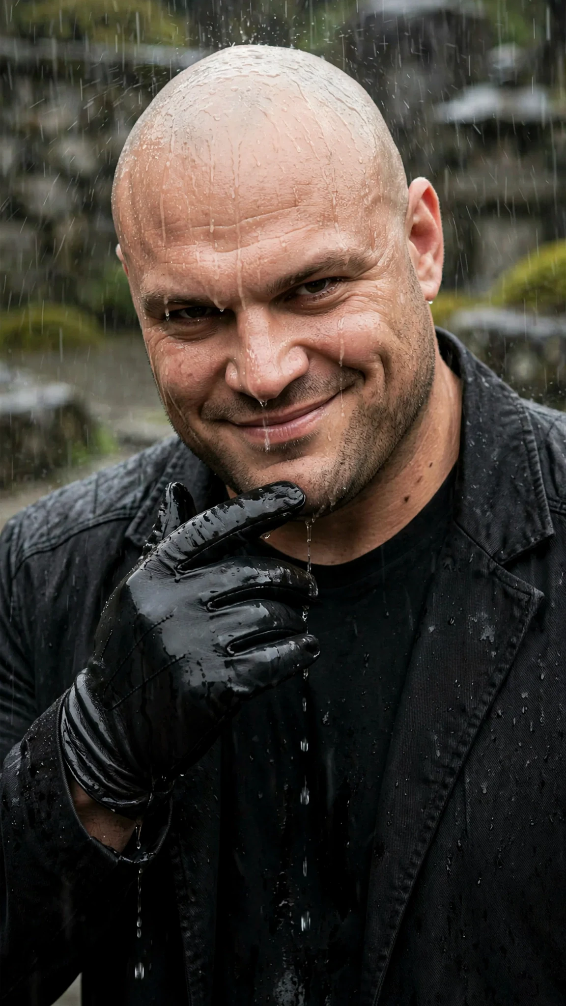 Close on Ennio's grin as he speaks, rain on his bald head.