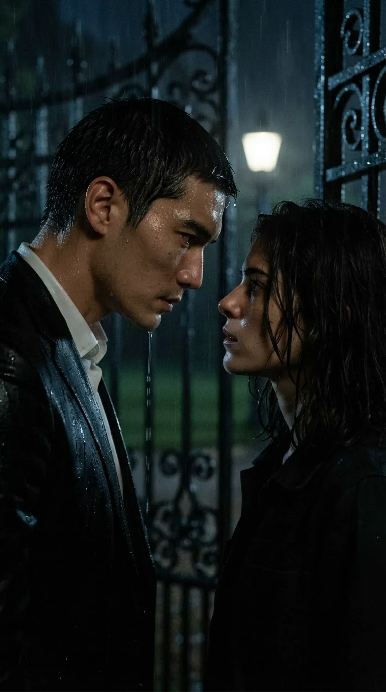 Saverin leans close to Zara at the gate, rain on his face.