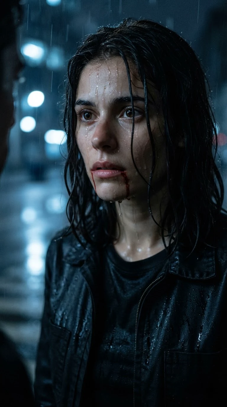 Zara listens, rain on her cheeks, blood at the corner of her mouth.