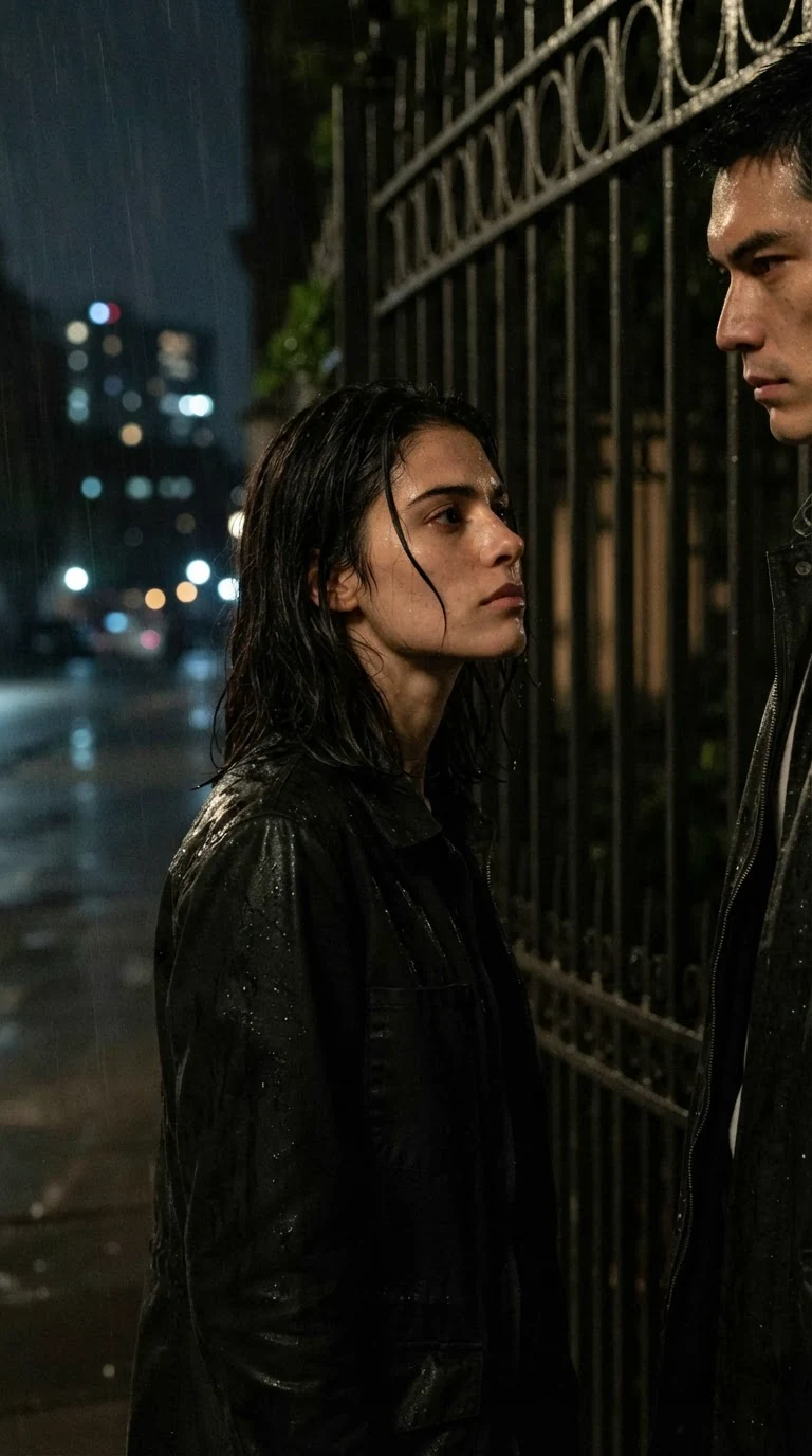 Zara lifts her chin and answers him, Saverin's profile at the edge of frame.