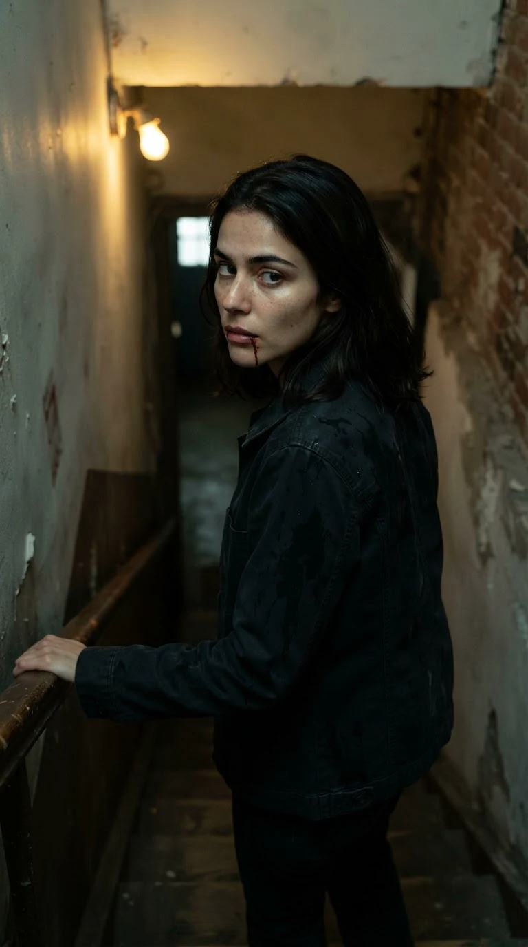 Zara climbs the service stairs, blood on her lip, looking back down the dark hall.