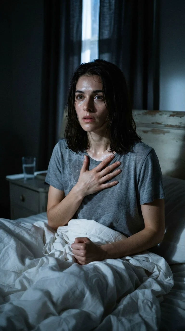 A dark-haired young woman bolts upright in a narrow bed, one hand pressed to her chest.