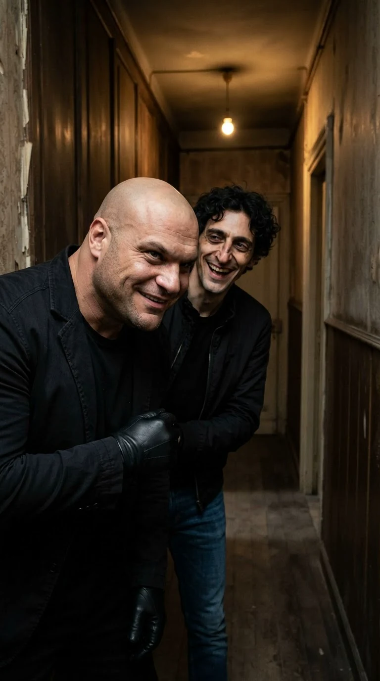 A bald man with leather gloves grins in a dim hallway while a wiry man laughs behind him.