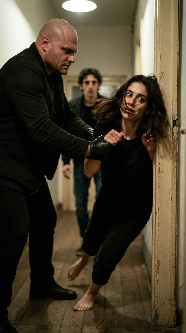 A gloved hand yanks the woman by the wrist so her shoulder strikes the doorframe, her face twisted in pain.