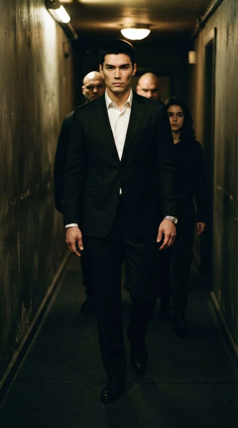 A tall man in a black suit walks down the hallway toward them without hurrying.