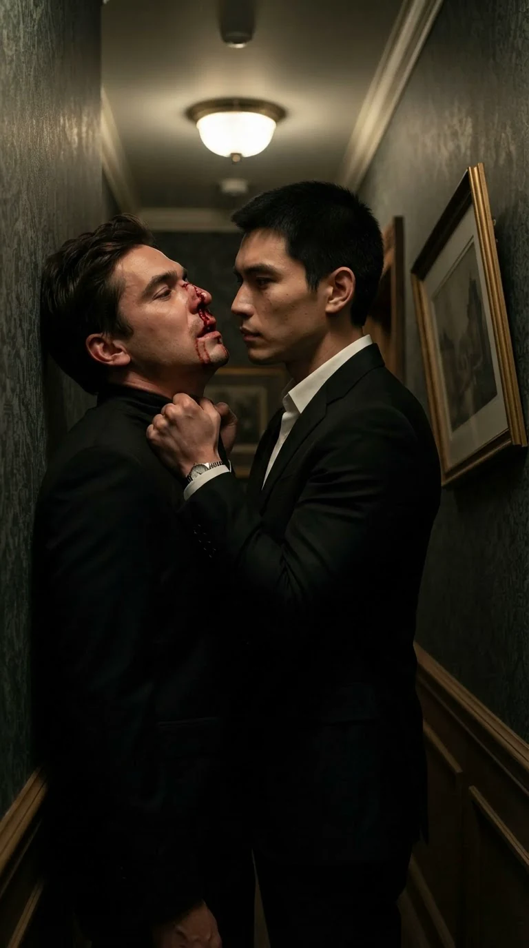 The tall man pins the bald man against the wall by his collar, blood running from the bald man's nose.