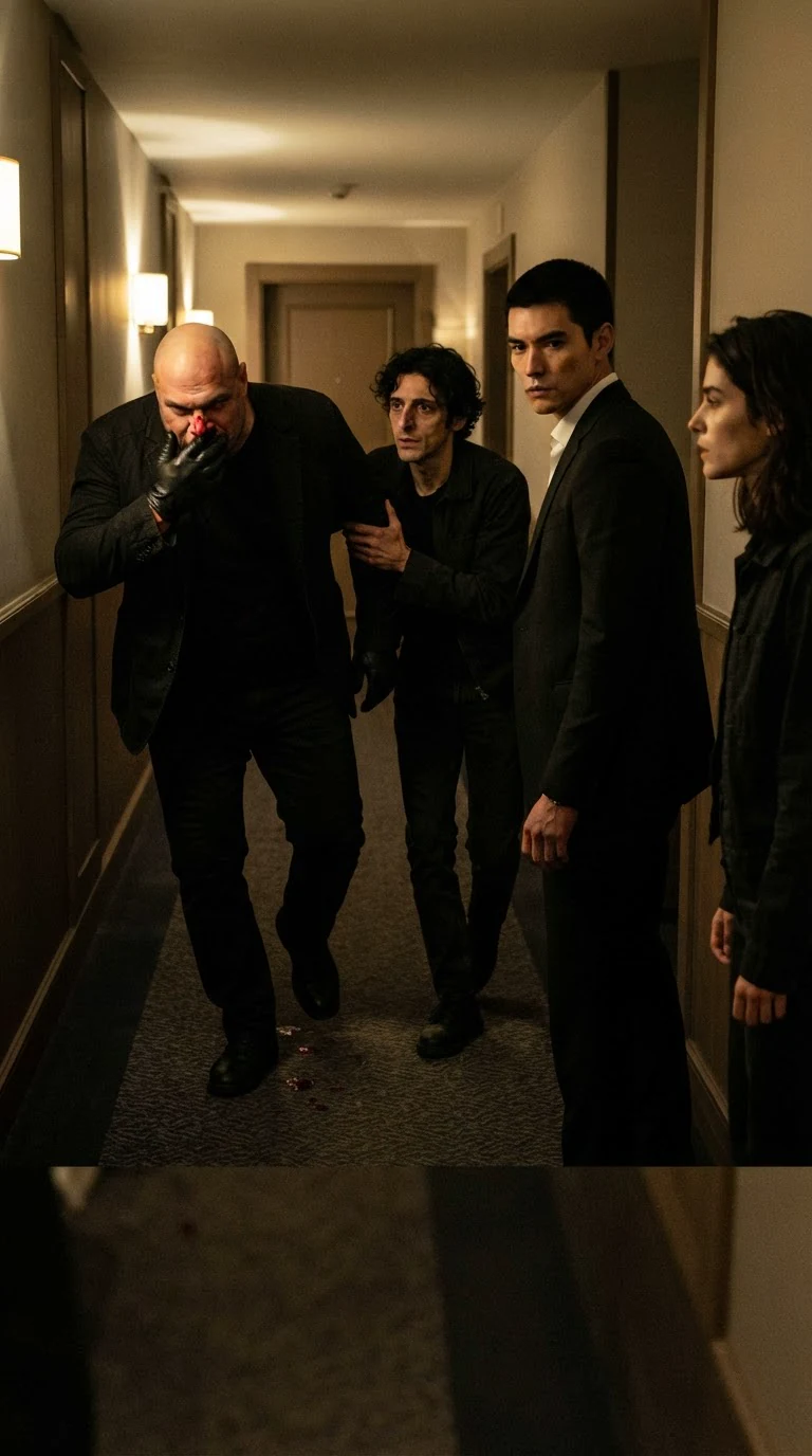 The bleeding bald man stumbles away down the hall while the tall man turns back toward the woman.