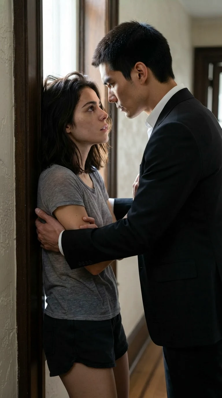 The tall man stands close to the trembling woman, her back against the doorframe.