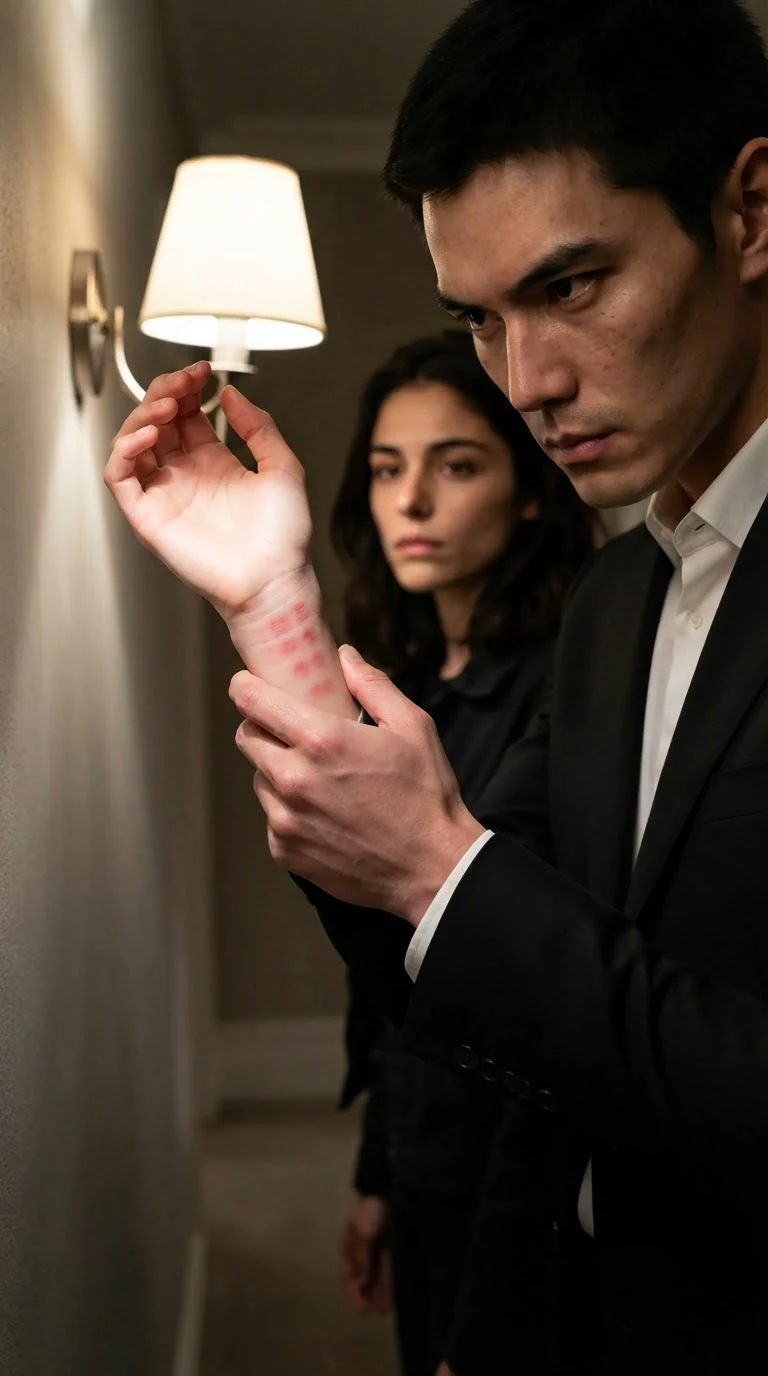 The man holds the woman's wrist up in the light, red finger marks on her skin.