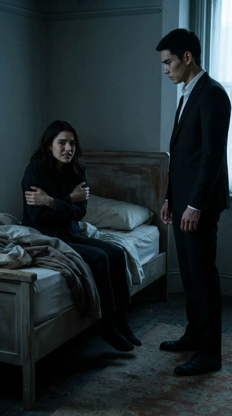 The woman sits on the edge of the bed with her teeth chattering while the man stands over her.