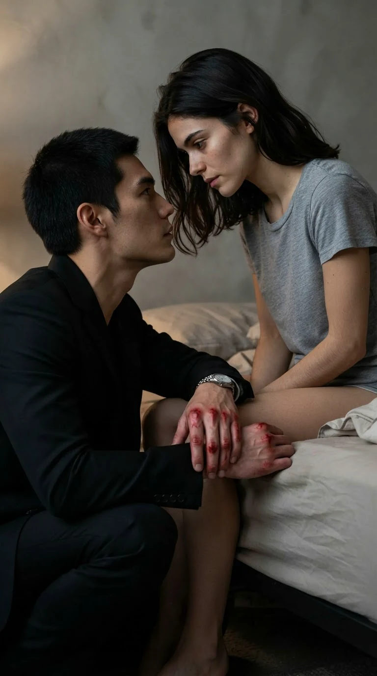 The tall man crouches in front of the woman on the bed, his knuckles stained with drying blood.
