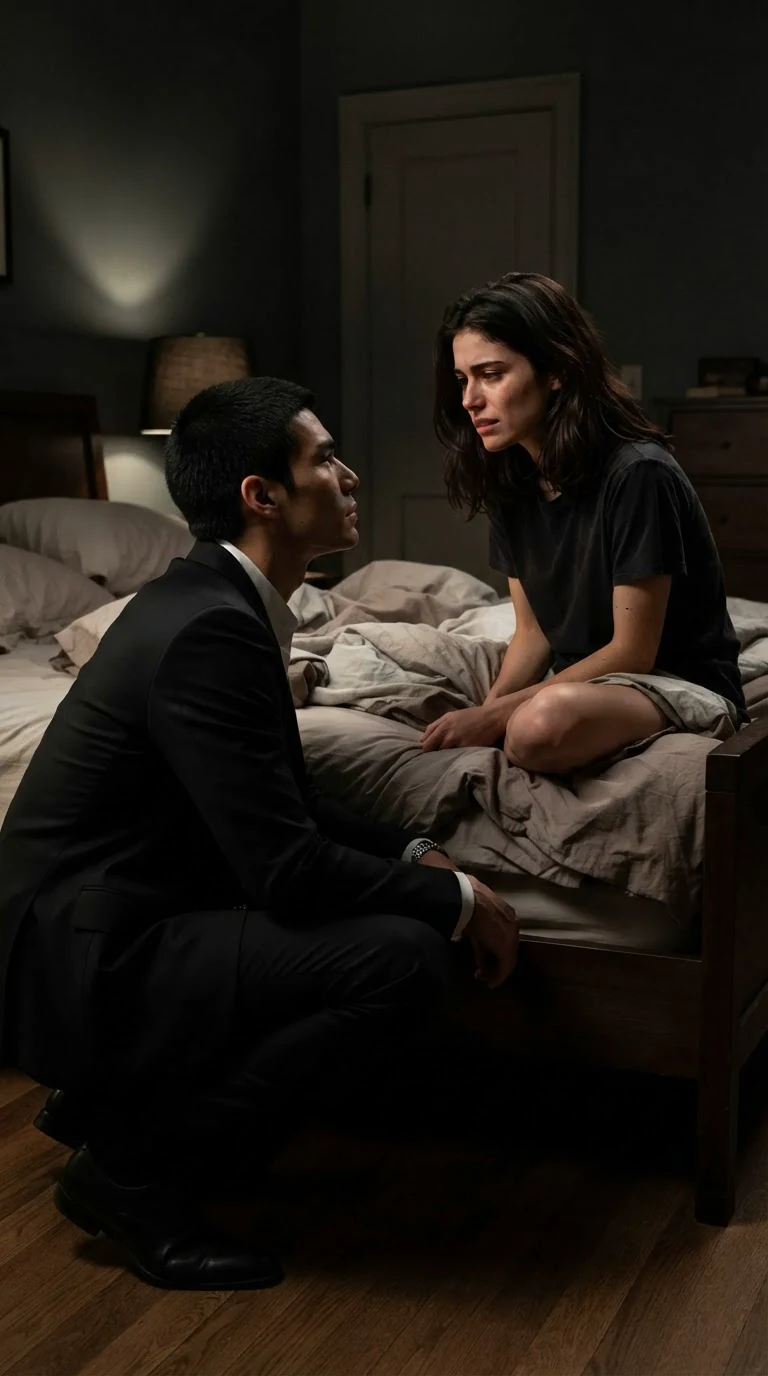 The woman looks down at the crouching man with her mouth pressed tight.