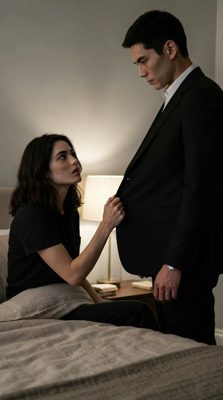 The woman's hand reaches out and catches the sleeve of the man's black jacket.