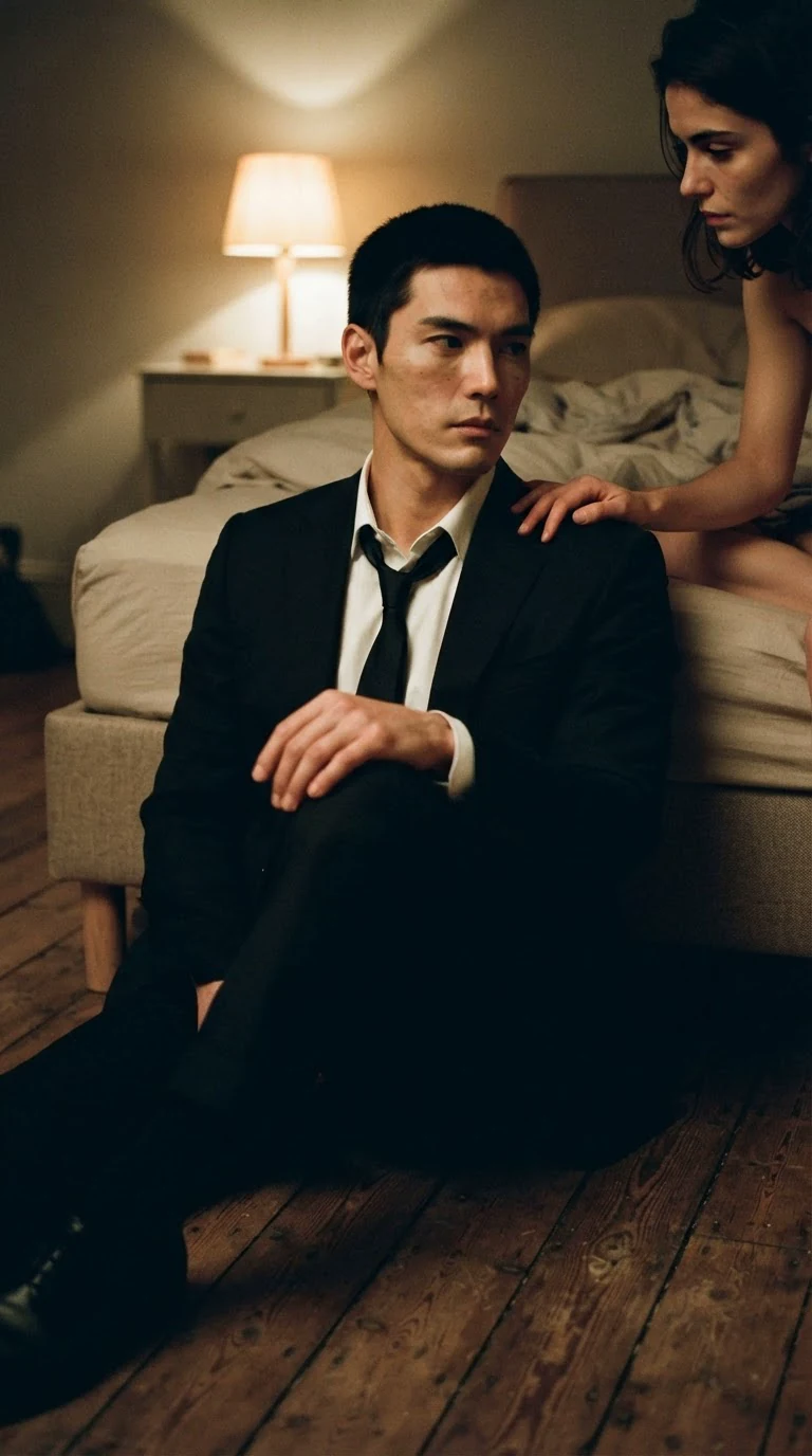 The tall man sits on the floor with his back against the bed, the woman's hand on his shoulder.