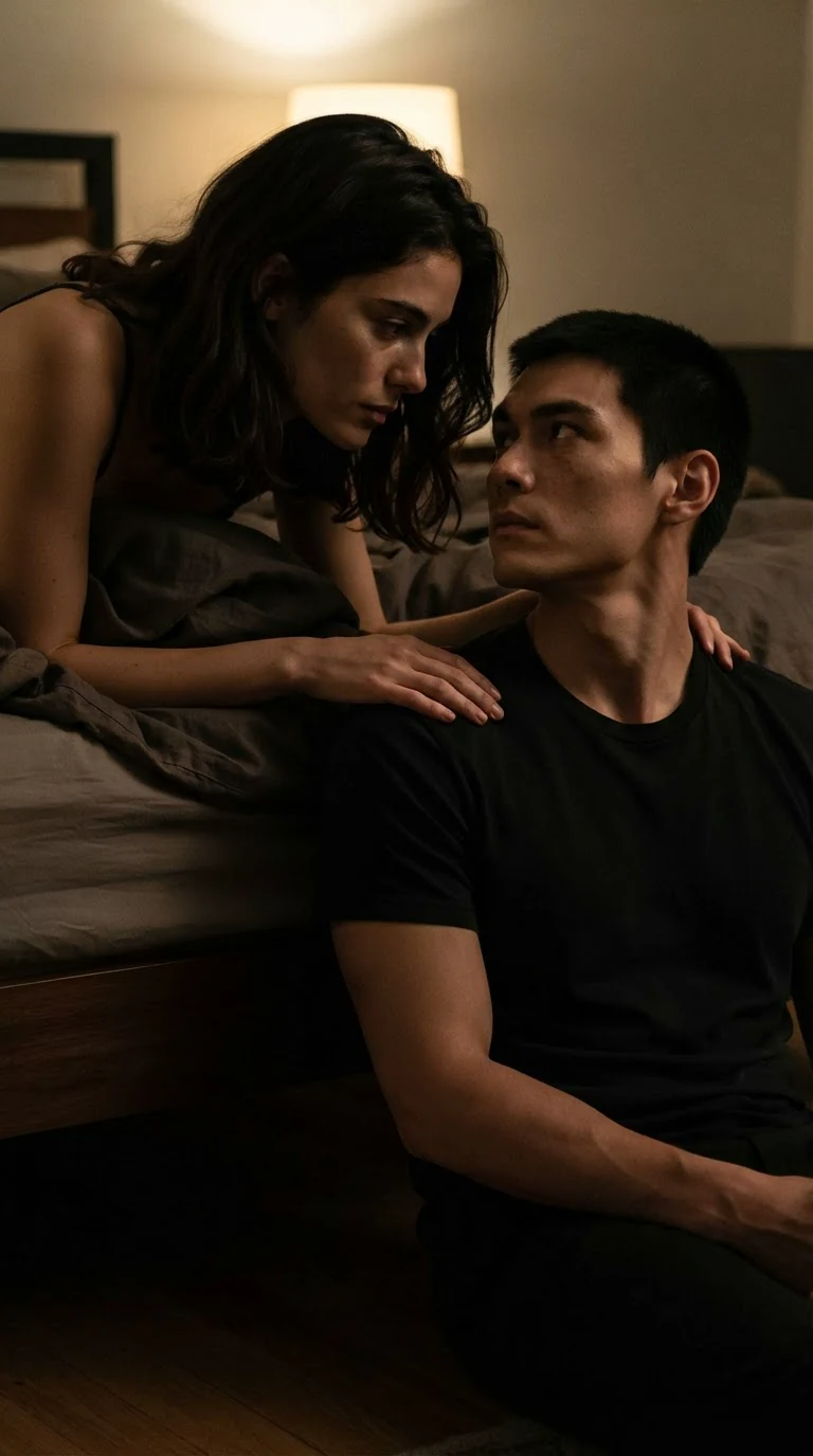 The woman leans over the man on the floor, her hand on his shoulder, their faces close.