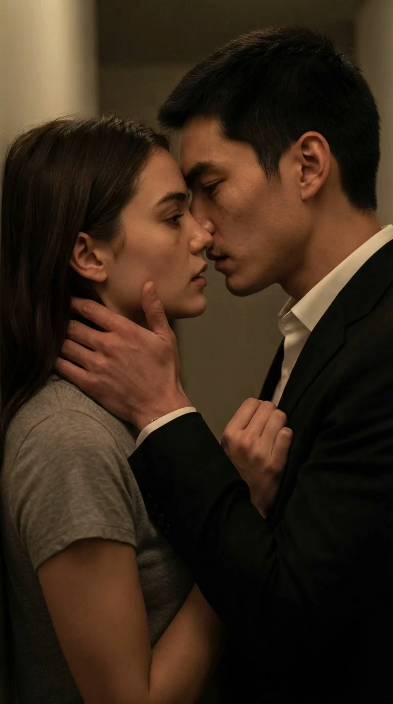 The man rises and kisses the woman on the bed, one hand sliding under the hem of her shirt.