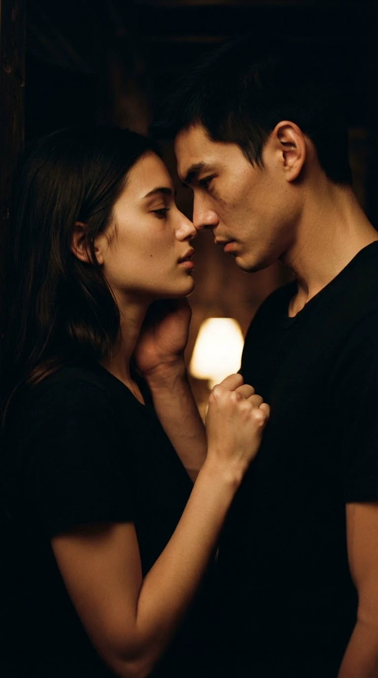 The man's mouth is at the woman's throat while her head tips back, both still dressed.