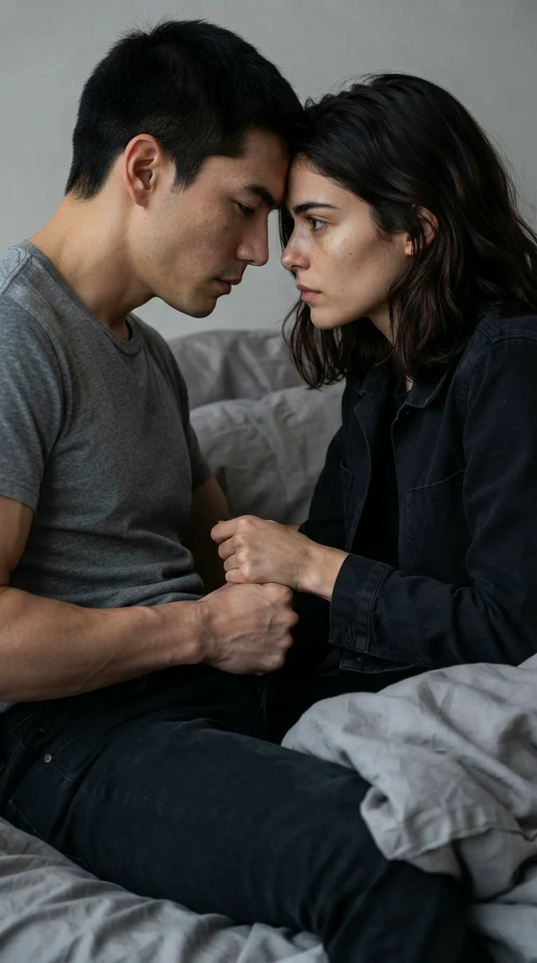The woman's hand closes at the man's waistband while he presses his forehead to hers.