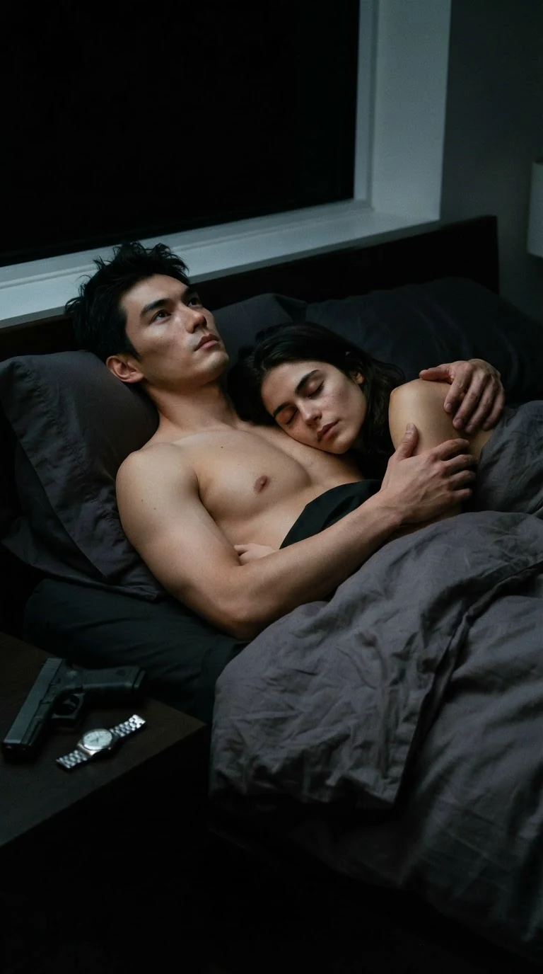 Later, the man lies awake in the dark with the sleeping woman on his chest and a gun on the nightstand.