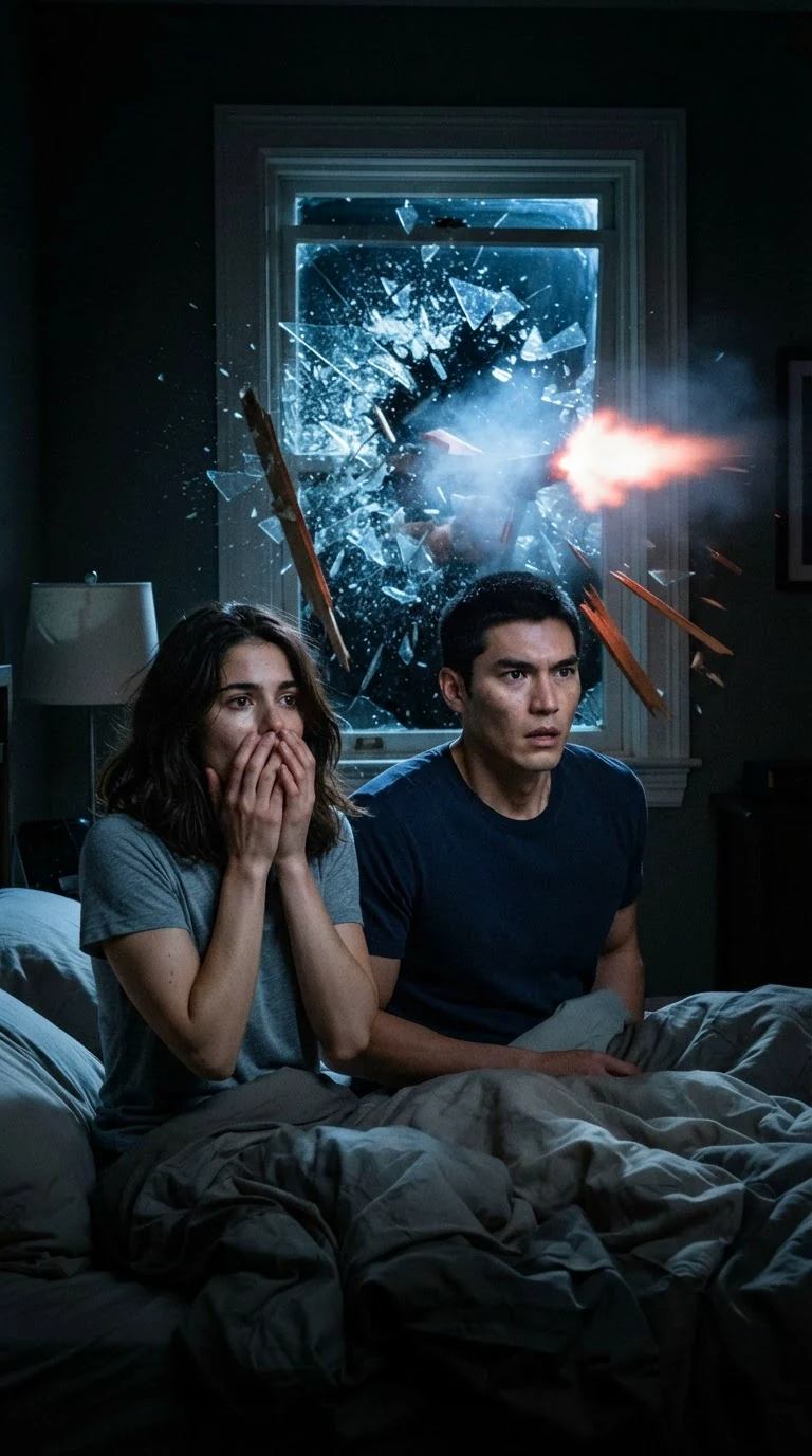 A dark bedroom window explodes inward as a bullet hits, a woman in bed and a man beside her.