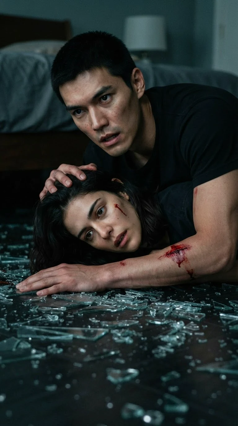 A man covers a woman on a dark bedroom floor, broken glass around them, blood on his arm.