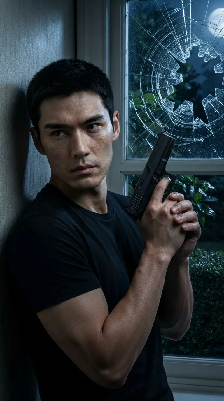 A man with a gun pressed to the wall beside a broken window, looking into a dark garden.