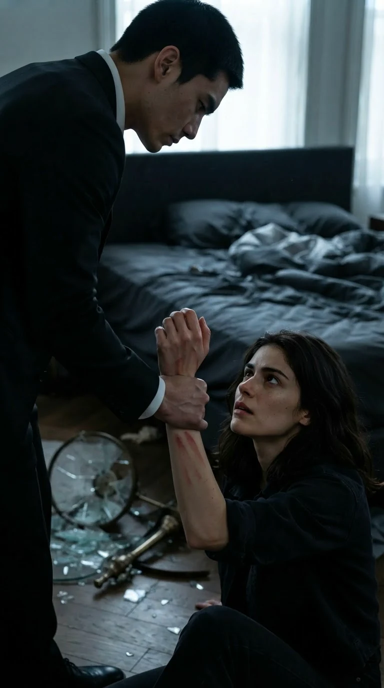 A man pulls a woman up by the wrist in a dark room, red marks on her skin.