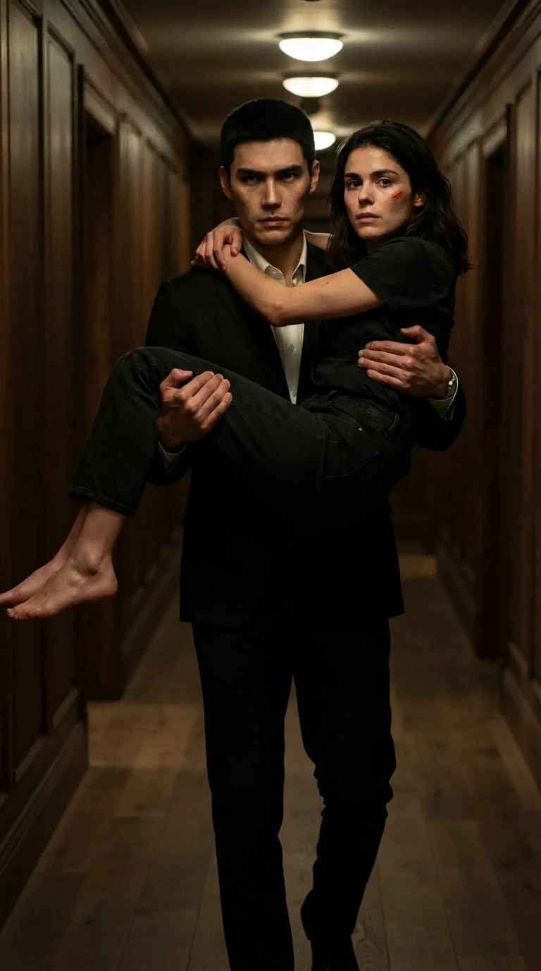 A man carries a woman down a dark hallway, her arms around his neck.