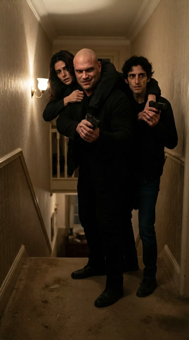 Two men with guns at the top of a staircase, one bald and sneering, the other wiry with a broken nose.