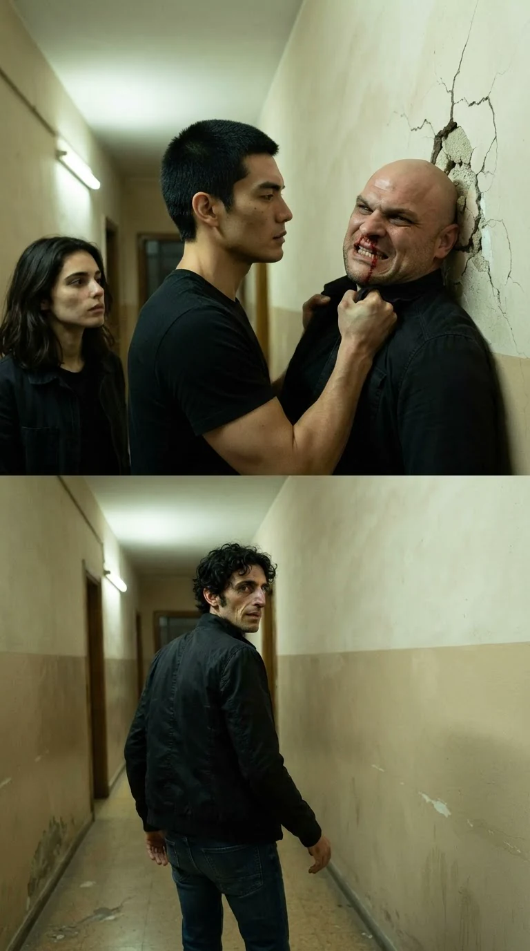 A man slams a bald man into a hallway wall, blood on the bald man's face.
