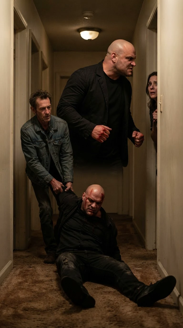 A man turns from a beaten man on the floor to face a woman, rage on his face.